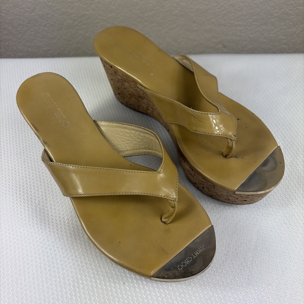 Jimmy Choo Pathos patent leather thong slip-on cork wedge sandals woman 37.5 - Picture 2 of 9